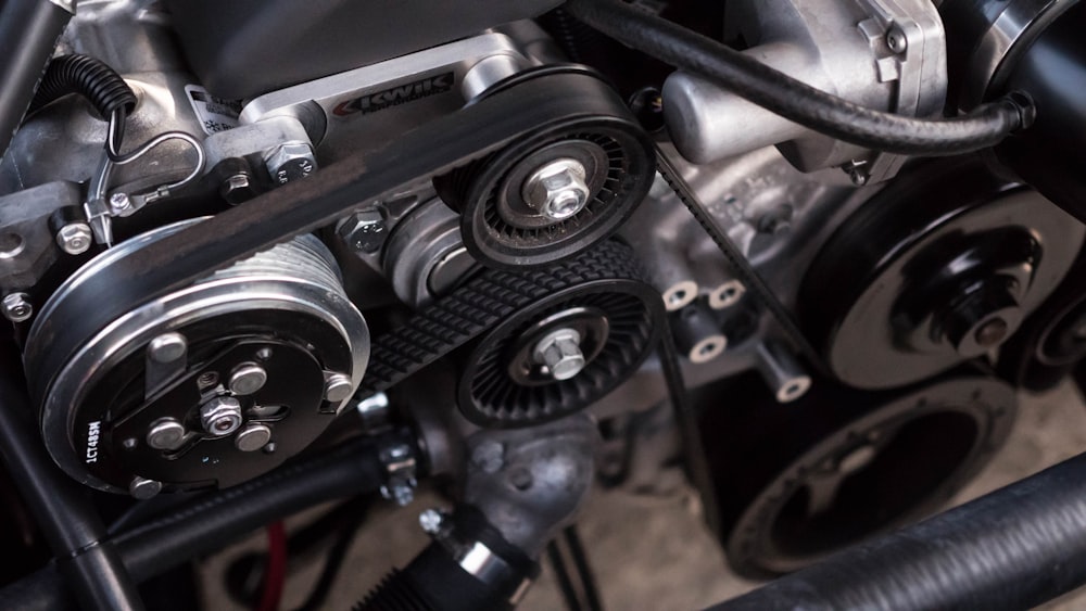 Close-up of a lubricated engine drive assembly